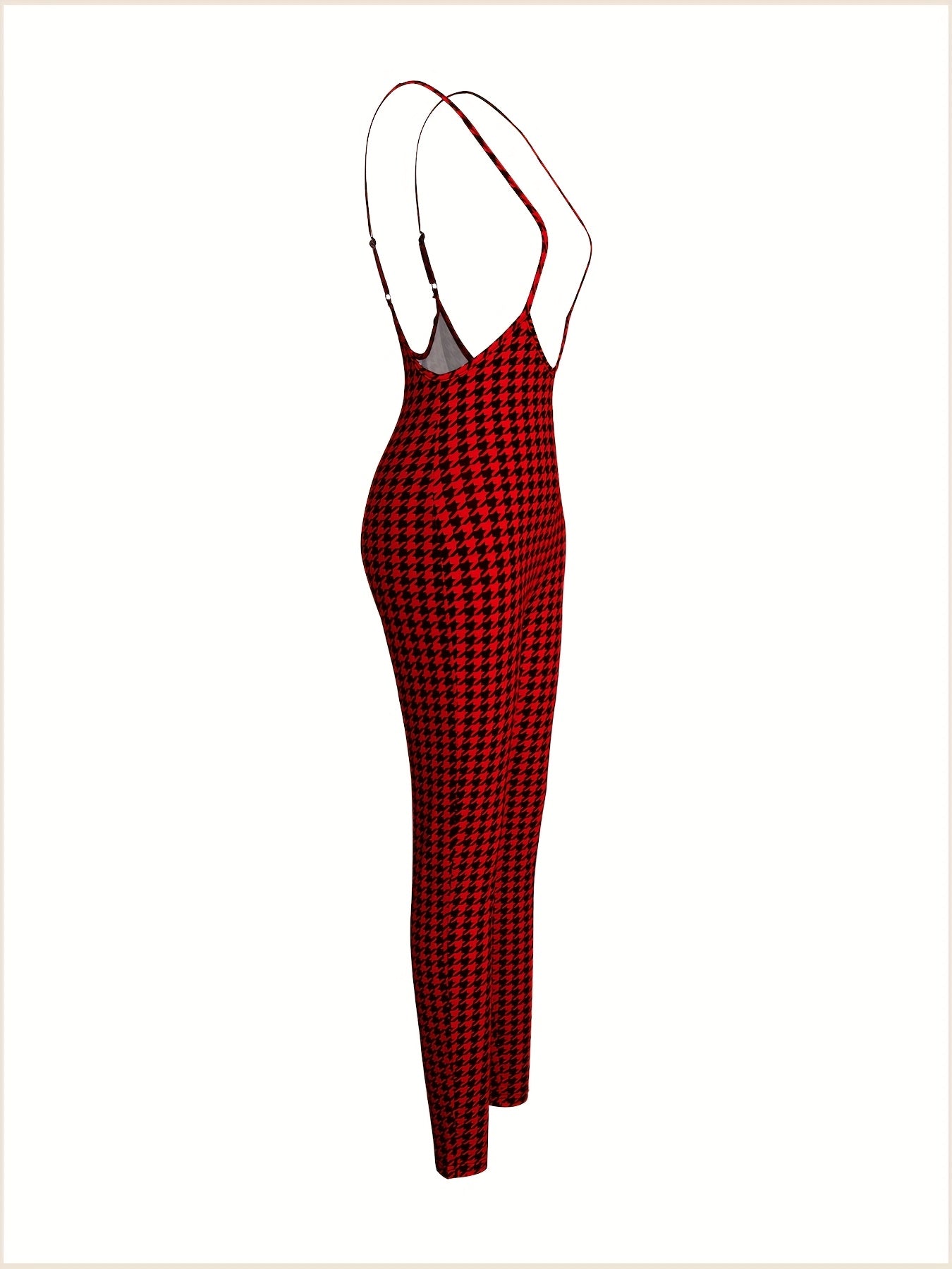 1pc Women's Sexy Houndstooth Pattern Jumpsuit, Polyester Knit Fabric with Elastane, Collarless Design, All-Season Fashion Pants, European And American Style, Geometric Pattern, Halter Neck