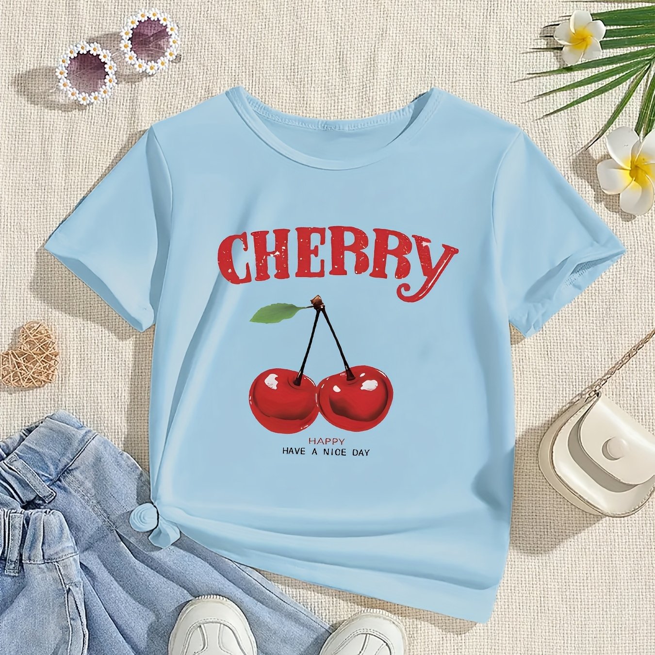 Girls' Cherry Graphic Tee - Soft & Quick-Dry Polyester Blend, Casual Round Neck Short Sleeve T-Shirt with "Have a Nice Day" Print, Perfect for Spring/Summer Outings, Girls Tshirts
