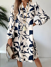 Elegant Women'S Long Sleeve Geometric Print Dress - 100% Polyester Cardigan Collar Midi - Patchwork Design Shirt Dress for Spring/Fall