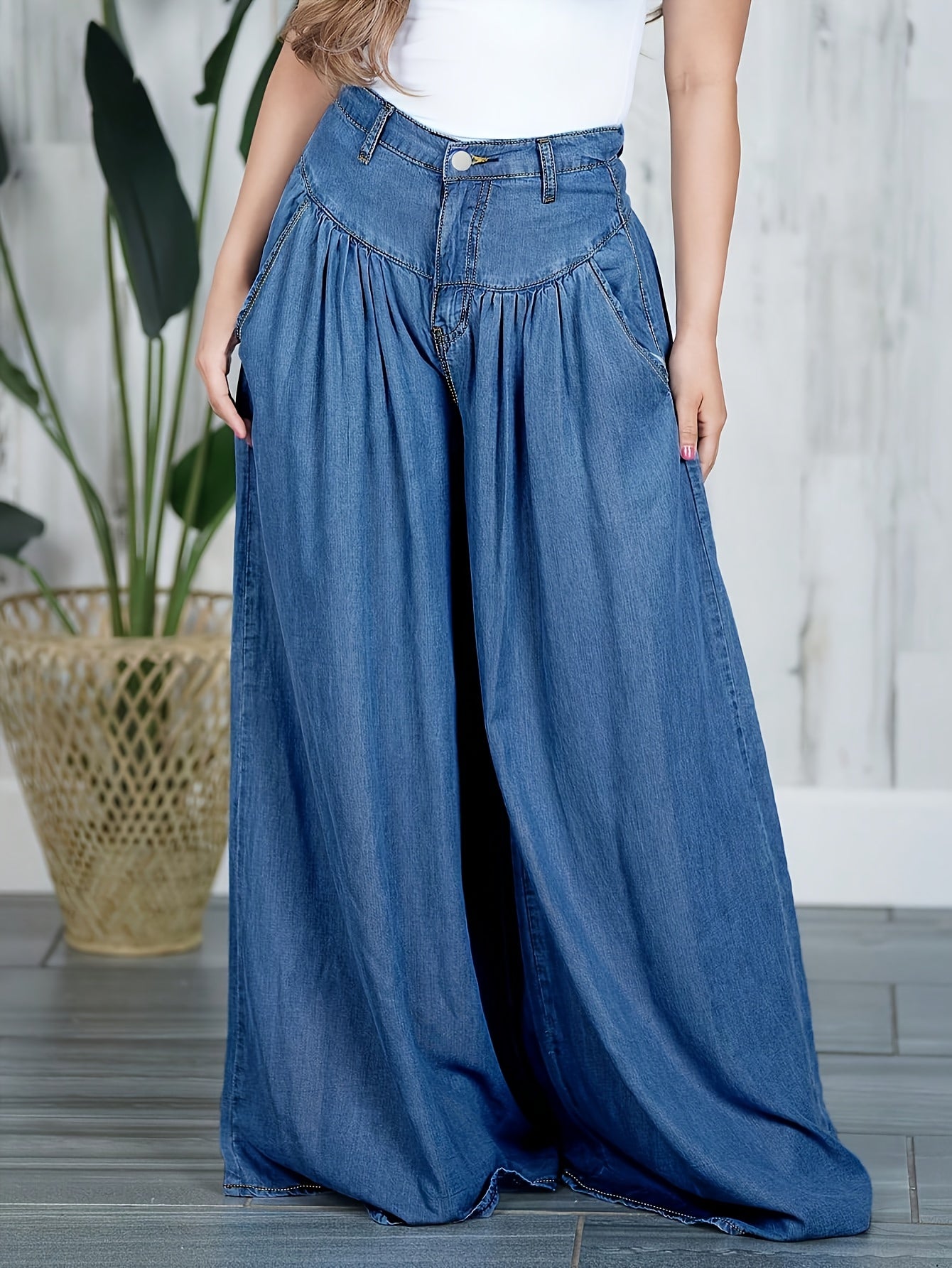 Solid Color Loose Pleated Women's Denim Bell Bottom Pants