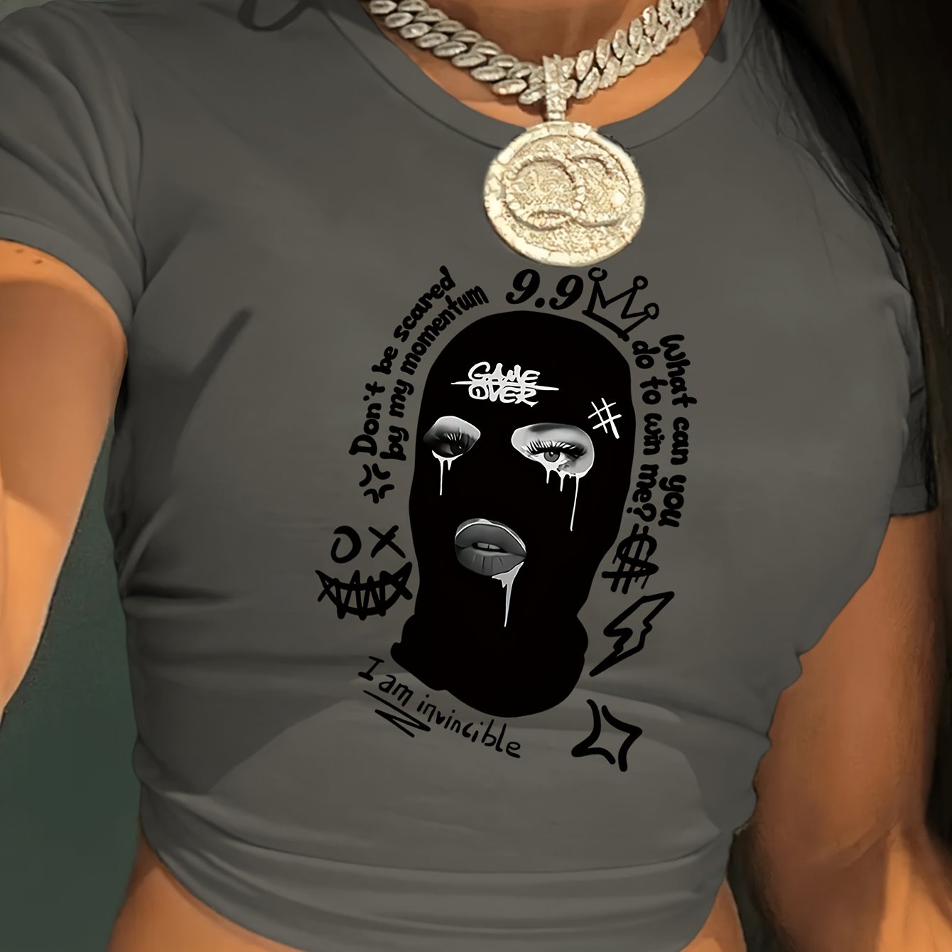 Women'S Y2K Graphic Crop Top T-Shirt - Black Short Sleeve with Unique Black and White Print, Casual Spring/Summer/Fall Wear, Crop Top Blouse