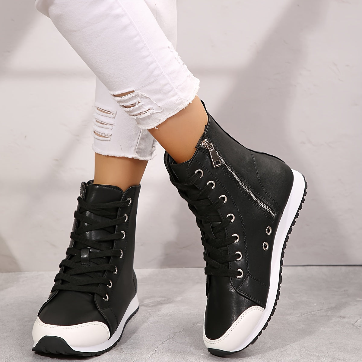 YMM980-99 White & Black Military Green High-Top Side Zipper Women'S Fashion Casual Versatile Inner Zipper Lace-Up Comfortable Breathable Sports Ankle Boots