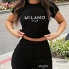 9600WM22 European and American Women's Large Size Women's Round Neck Short Sleeve Shorts with Letter Print Two Piece Set