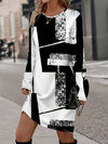 Brush Print Crew Neck A-line Dress, Elegant Long Sleeve Slim Dress For Spring & Fall, Women's Clothing