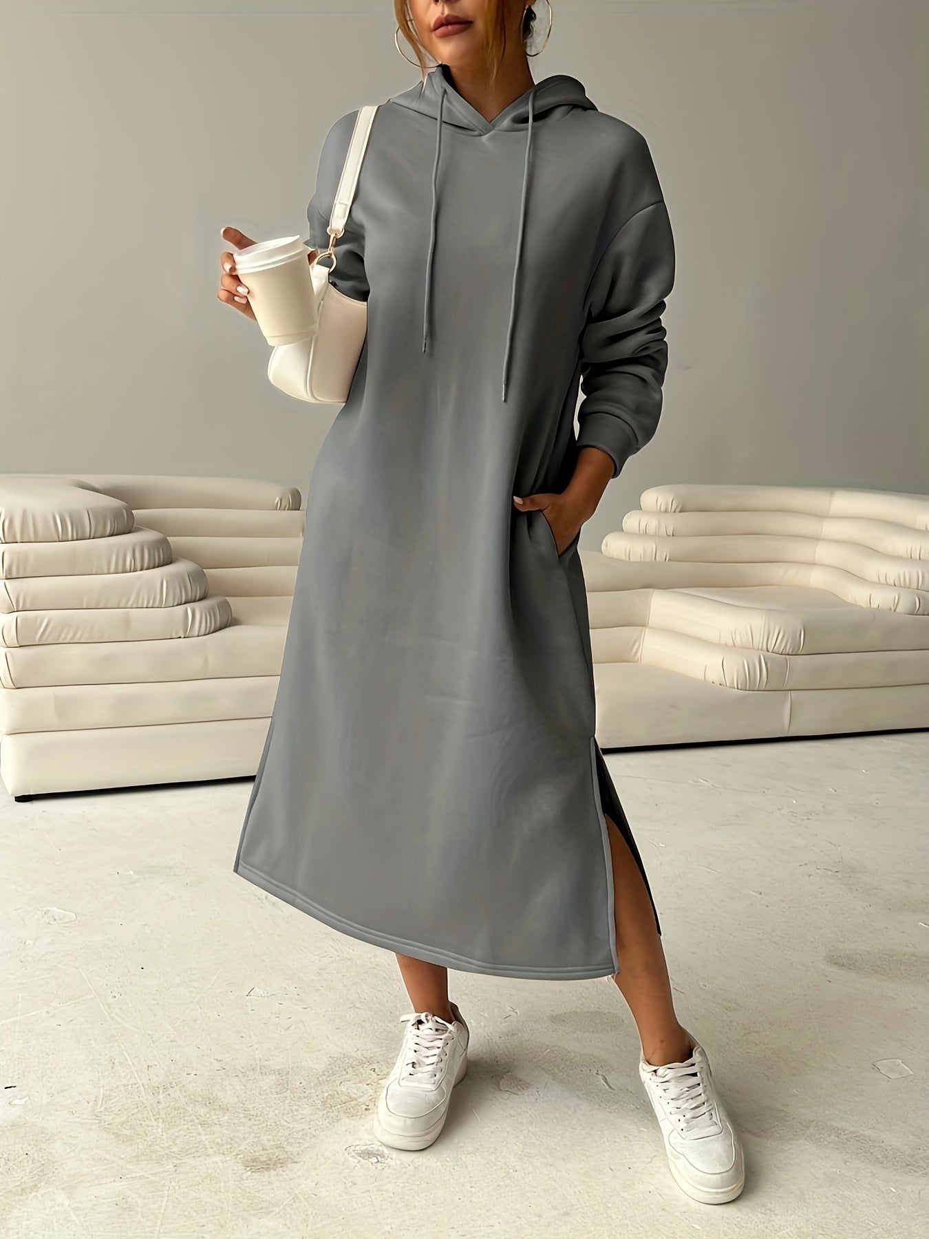 Cozy Letter Print Drawstring Hooded Sweatshirt Dress - Women's Casual Long Sleeve Loose Fit Clothing for Fall & Winter, Soft and Warm Fleece Lined Dress with Adjustable Drawstring Waist