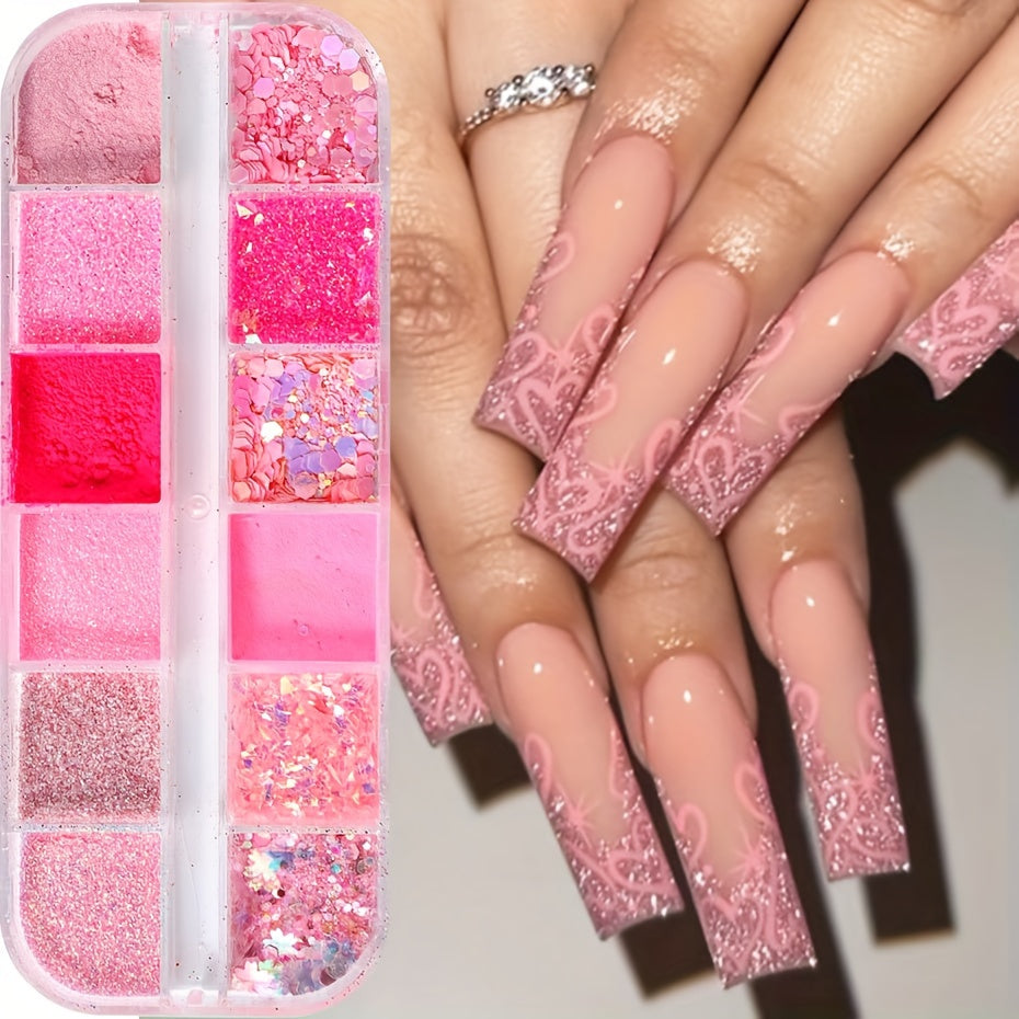 FULL BEAUTY 12 Grids Pink Glitter Nail Flakes, Holographic Hexagon Irregular Sequins, Sliced Sparkly Crystal Pigment Powder for Manicure Decoration, Hypoallergenic Rectangle Shape, Nail Charms