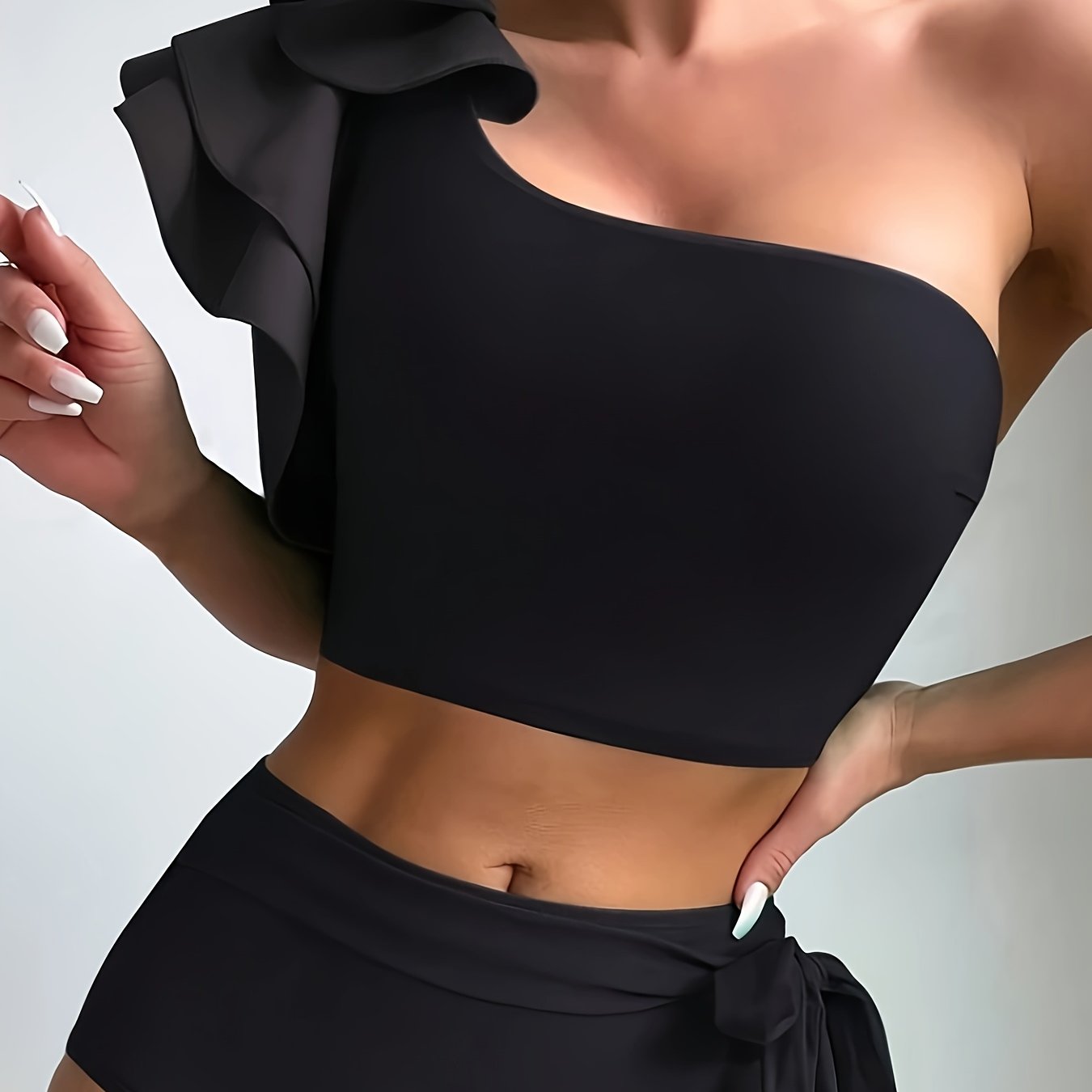 Asymmetric Ruffle Knot Side 2 Piece Set Bikini, One Shoulder Plain High Waisted Stretchy Swimsuits, Women's Swimwear & Clothing