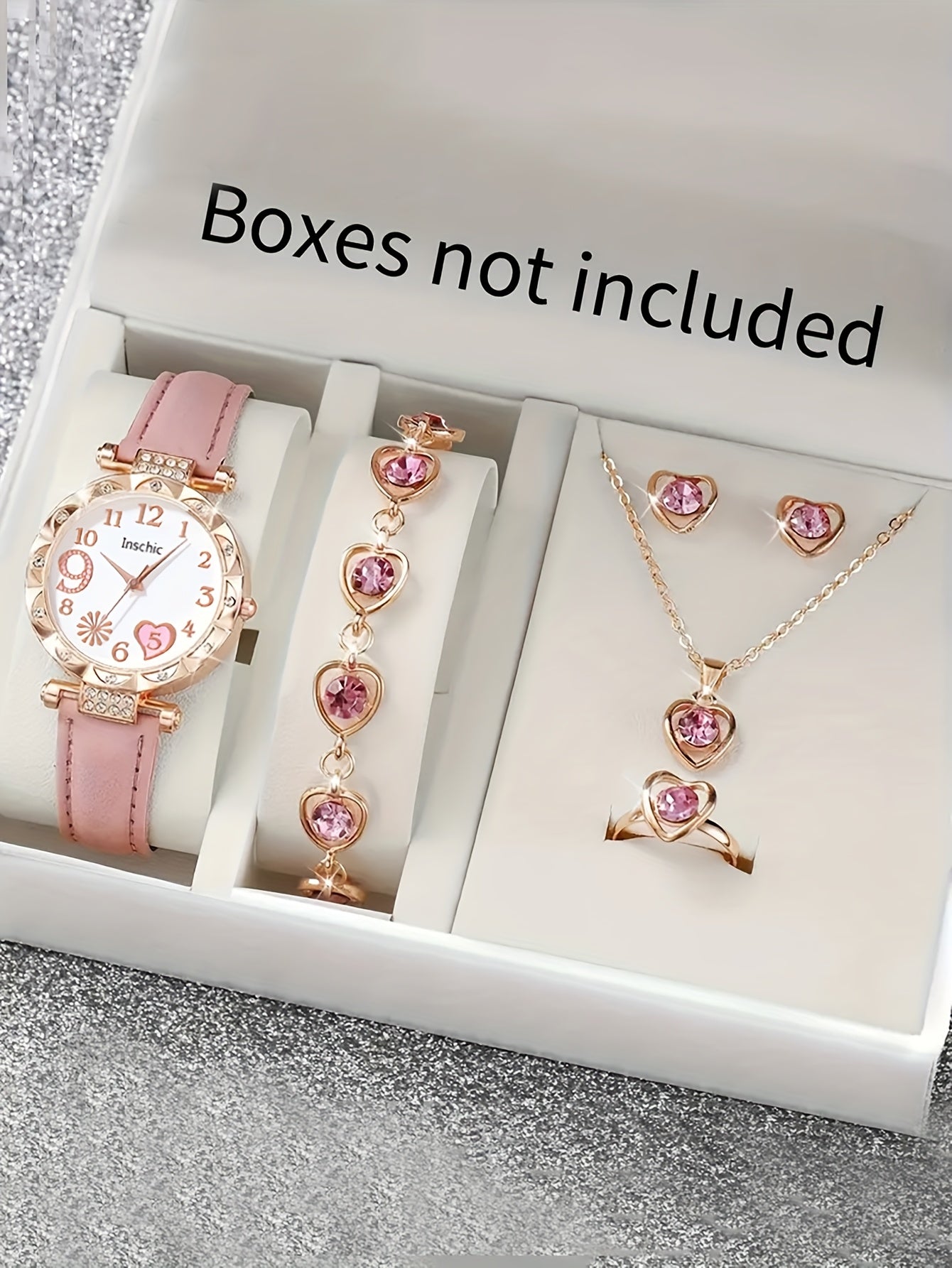 6pcs Elegant Faux Leather & Rose Golden Accessory Set - Heart-Shaped Watch, Bracelet, Necklace, Earrings with Pink Rhinestones - Perfect Mother'S Day Gift for Moms, Everyday Style, Everyday Accessory Set|Fashionable Gift Set|