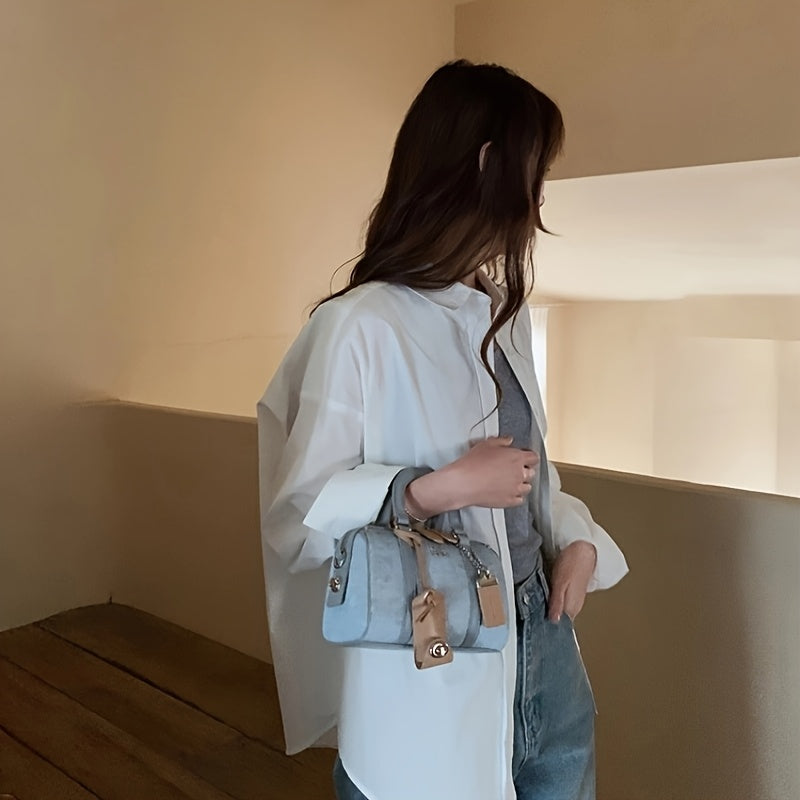 Women'S 2024 New Light Blue Cowboy Pillow Bag, Versatile Handbag with Shoulder Strap, Solid Color, Zipper Closure, Polyester Lined, Edge Paint Detail