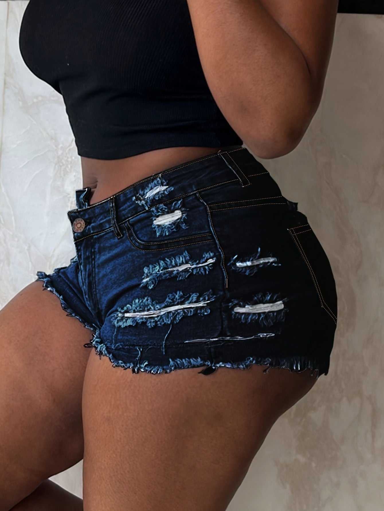 Women's Mid-Rise Ripped Denim Shorts with Frayed Hem, Distressed Detailing & Built-in Zipper Pockets - Casual Summer Straight Leg Jean Shorts in Blue, Summer Casual Wear | Trendy Ripped Shorts | Durable Denim