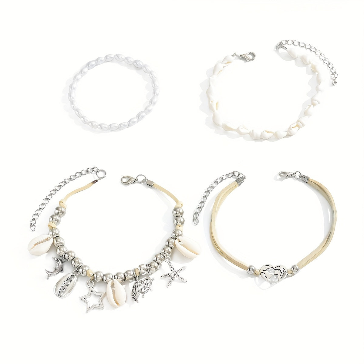 4pcs Women's Boho Anklet Set - Silver-Plated Shell & Faux Pearl Charms, Starfish Conch Moon Motifs - All-Season Jewelry | Versatile for Daily & Party Wear | Ideal Thanksgiving Day Gift