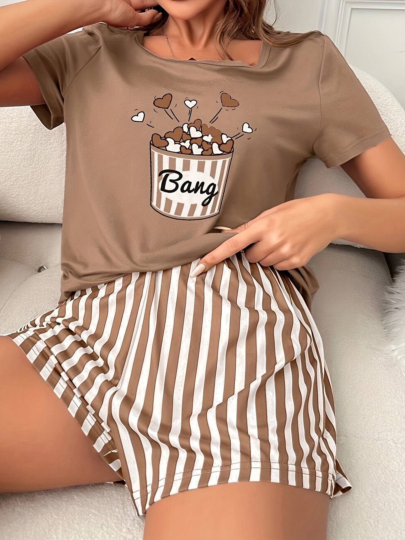 Women'S Casual Crew Neck Pajama Sets, Polyester 95.0% Elastane 5.0%, All-Season Comfort, Heart Pattern, Adult Sleepwear, Loungewear|Playful Print|Comfortable Fit, Pajamas for Travel