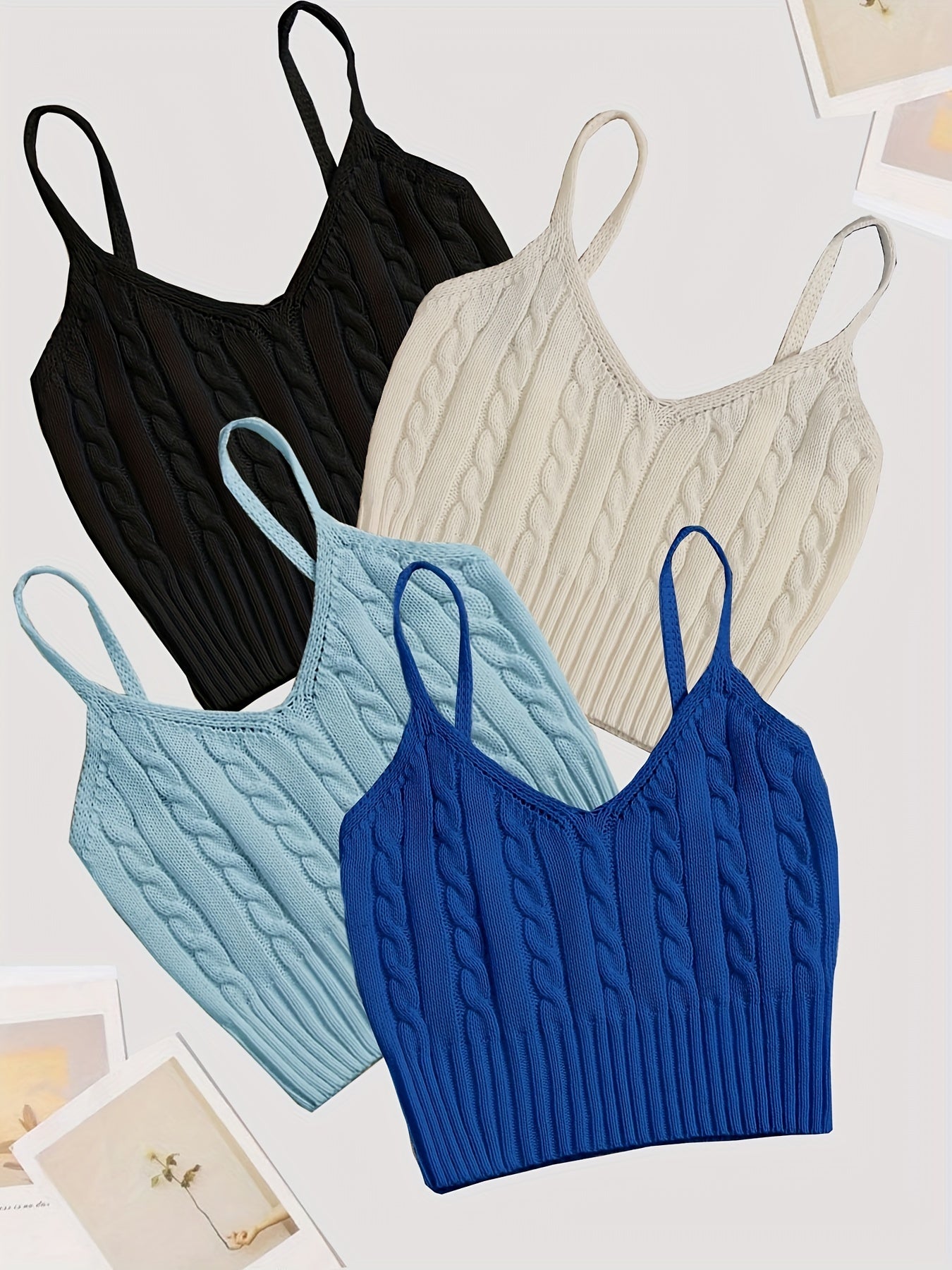 Valentine's Day 4 Packs Cable Knit Cami Tops, Versatile Crop V Neck Summer Sleeveless Cami Tops, Women's Clothing
