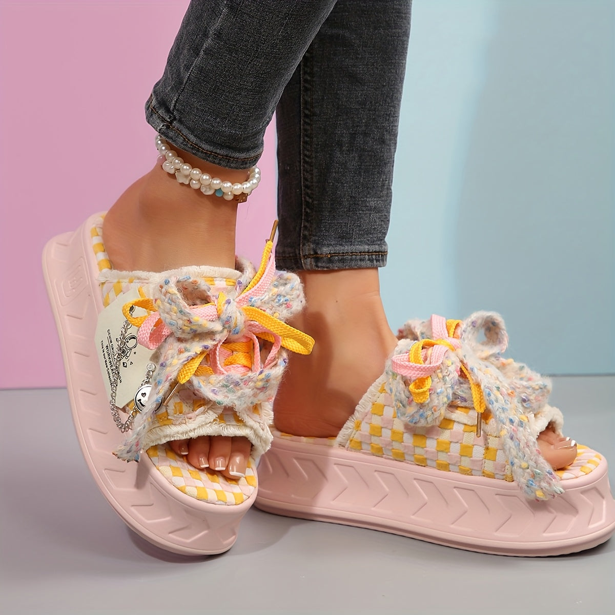 Women's Cute Thick Sole Slide Sandals - Spring/Summer 2025 Collection, Pastel Checkered Design with Bowknot, Open Toe, Fabric Upper & Rubber Sole, Comfortable Outdoor Wear, Casual Sandals | Bowknot Detail | Soft Strap Sandals