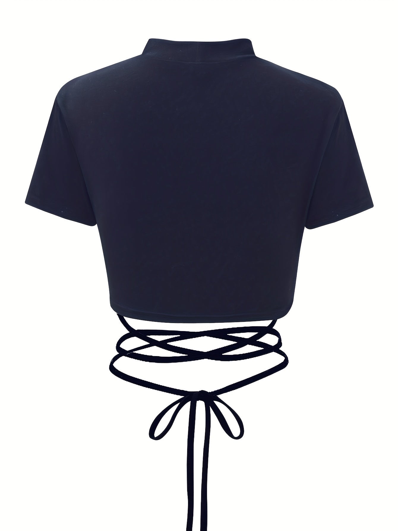 Solid Tie Crisscross Crop T-shirt, Y2K Short Sleeve Mock Neck Slim Top, Women's Clothing