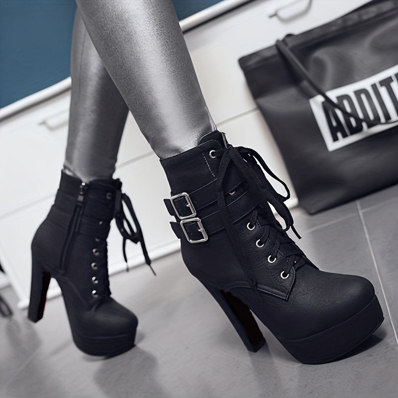 Womens Fashion Solid Color Lace-Up High Heel Boots - Stiletto Heel with Stable Block Base - Secure Buckle Ankle Strap - Trendy & Comfortable