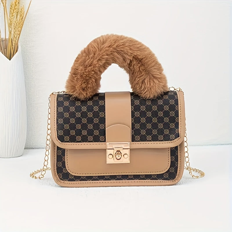 Women'S Vintage Faux Fur Shoulder Bag with Geometric Pattern, Retro Style, Lightweight, Detachable Chain Strap, Safety Lock Closure, Polyester Lining, Ideal for Casual Dates & Special Occasions, Available in White, Black, and