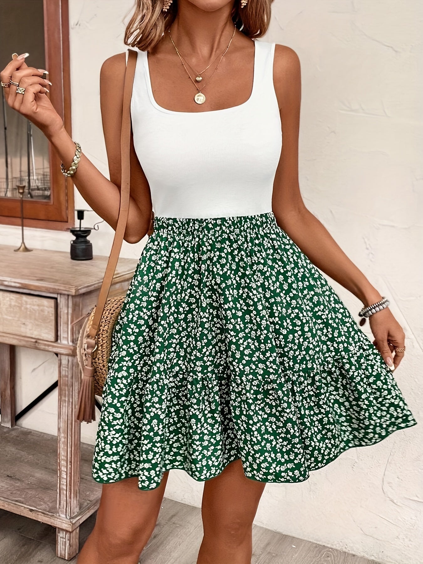 Elegant French-Inspired Floral Tank Dress for Women - High Stretch, Machine Washable, Perfect for Summer Vacations
