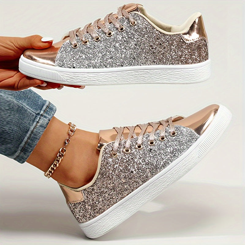 Women's Glitter Sneakers - Casual Athletic Flat Shoes, Fashionable Low Top Lace-up Fashion Skate Shoes - Plus Size - For Women - Suitable for Casual Wear, Sports & Parties - Perfect Gift for Fashionable Women
