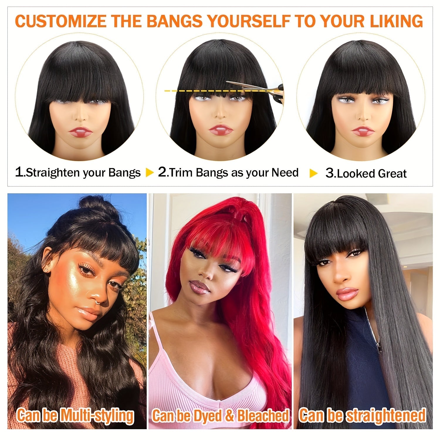 Body Wave Wigs with Bangs 100% Human Hair Wigs for Women None Lace Front Wigs 200%Density Brazilian Virgin Hair Glueless Machine Made Wig Human Hair Wigs with Bangs Natural Color