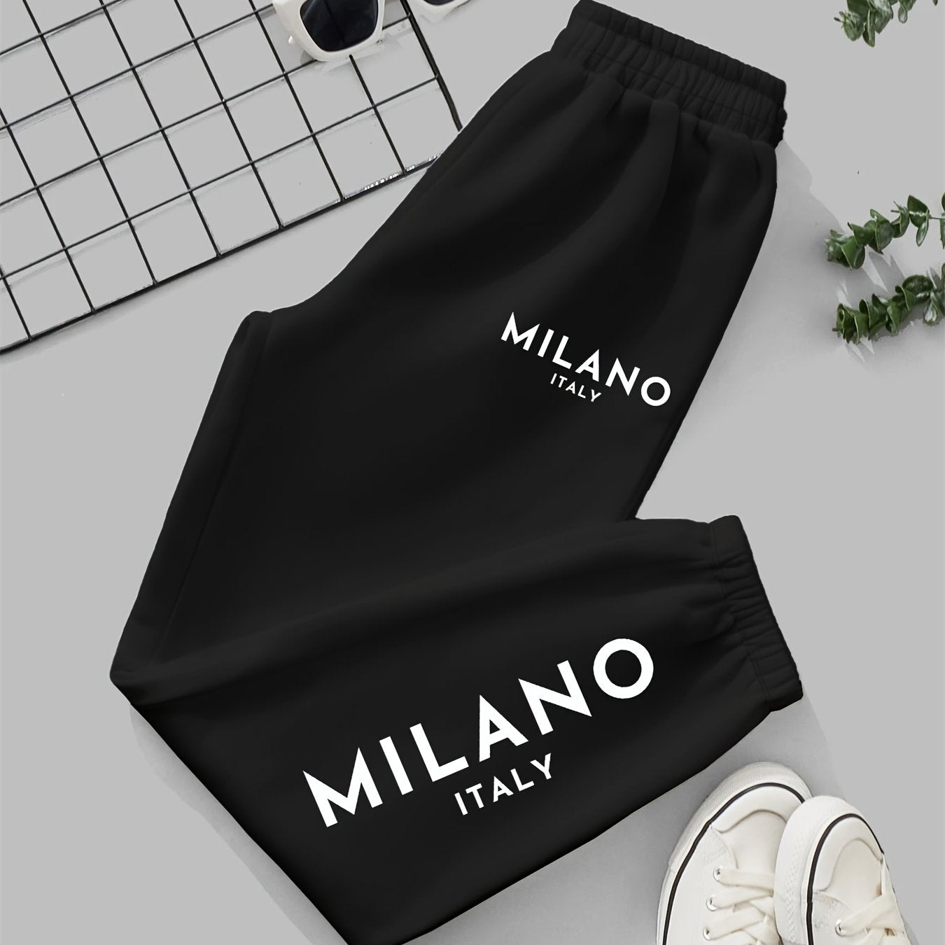 Milano Italy Printed Women'S Jogger Pants, Casual Knit Polyester 100% Fabric, 190g/m², All-Season, with Pockets, Fashionable Long Jogging Trousers for Adult