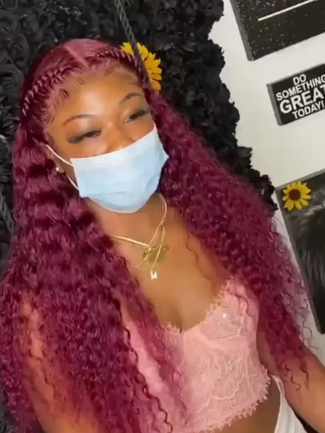 Kinky Curly Lace Front Wigs Synthetic Burgundy 13x4x1 T Part HD Transparent Lace Long Afro Curly Bouncy Hair 30 Inch Natural Wine Red Color Hair Heat Friendly For Women Girls Party Daily Makeup Use Ready To Wear 180% Full Den