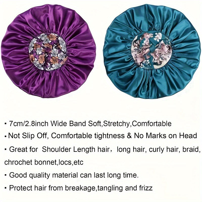 3pcs Satin Sleep Caps with Floral Print - Lightweight, Breathable Hair Protection for Long & Curly Hair, All-Season Comfort in Navy Blue, Teal Green, Black, Red, Purple, Pink & Golden