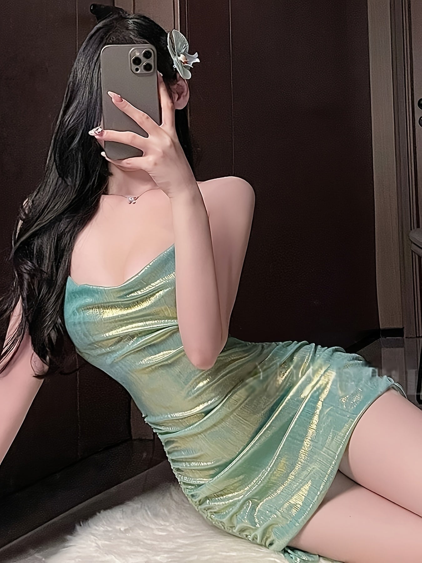 Women'S Sexy Shiny Fitted Bodycon Mini Dress, Polyester Knit Fabric, Solid Color, Backless with Drawstring Detail, for Night Out