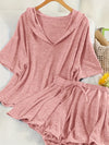 Spring/Summer Women'S Casual Set: Short-Sleeved Hoodie Top with Ribbed Hem And Elasticated Shorts