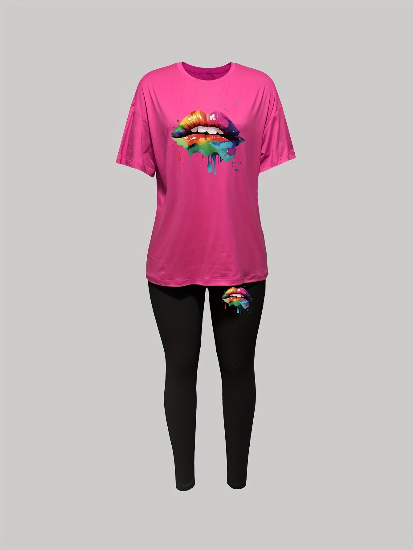 two piece Women's Two-Piece Lip Print Set: Short Sleeve T-Shirt & Leggings Outfit