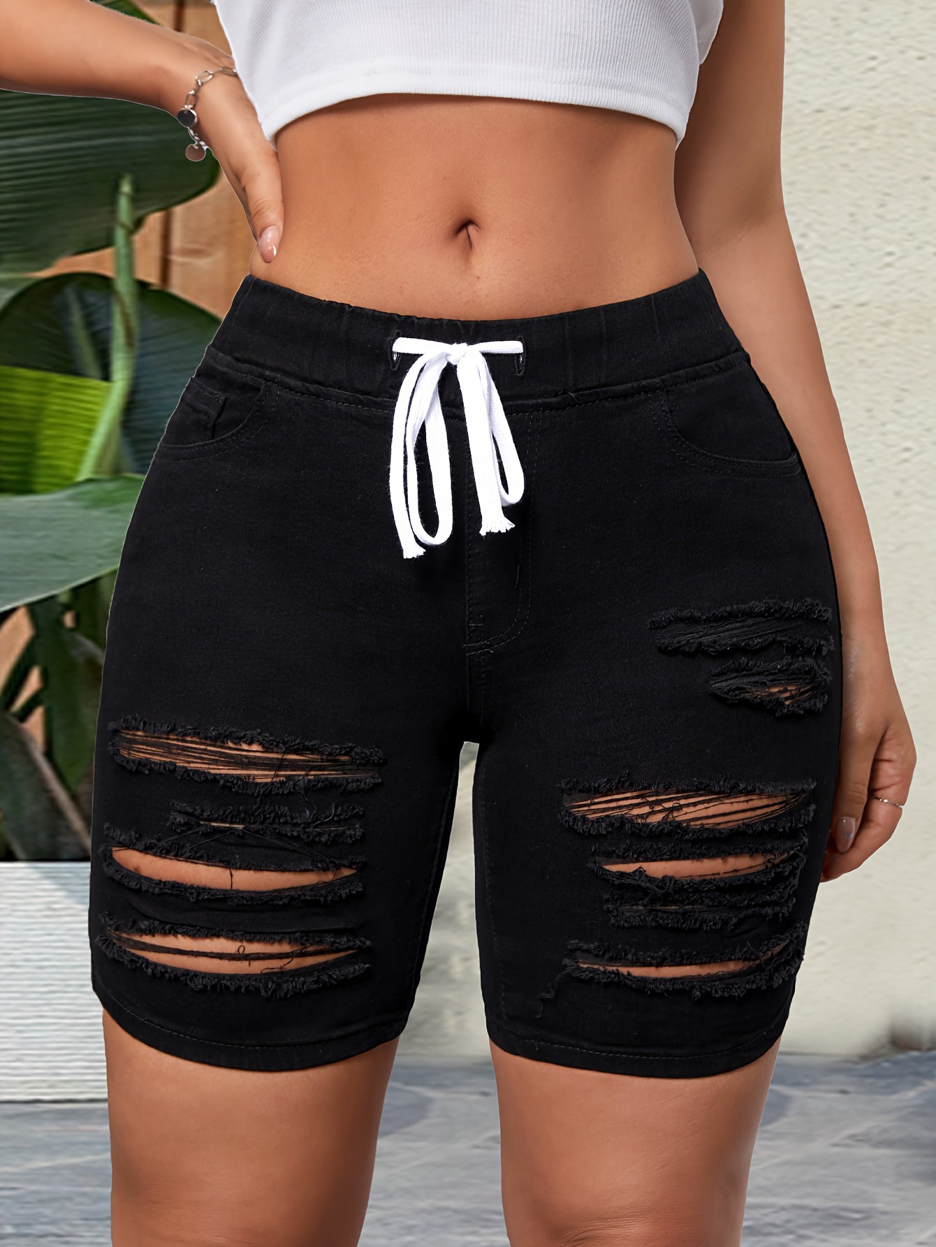 Women's Black Color Plain Ripped Denim Bermuda Shorts, Elastic Waist With Drawstring, Casual Distressed Mid-Thigh Length Jean Shorts, Mature Style