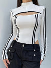 Women'S Long Sleeve Bodycon Top - White with Black Stripes, High Neck, Stand Collar, Zipper Detail, Skinny Fit, Perfect for Casual & Formal Occasions, Versatile Clothing | Stylish Long Sleeve Top | Knit Construction, Long Sle