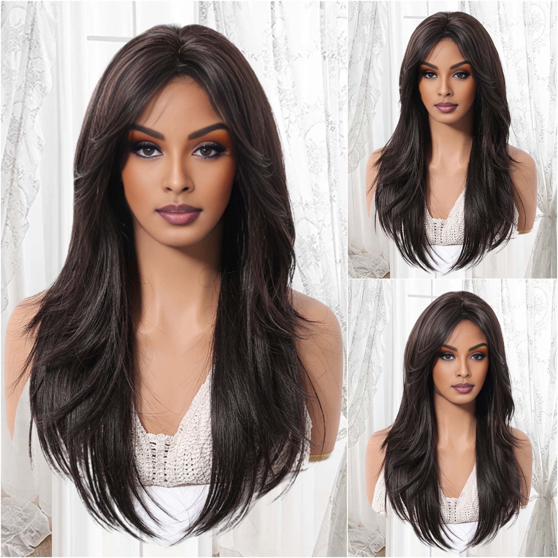 Glueless Synthetic Wigs For Women, Natural Straight Layered Wigs With Bangs, Copper Red Wigs, Brown Wigs, 20 Inches Shoulder Length