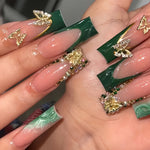 24-Piece Green Square Medium Length Press-On Nails with Golden Butterfly Glitter Design, Glossy Finish, Animal Pattern, Includes Nail File and Jelly Adhesive for Easy Application - Suitable for Women and Girls
