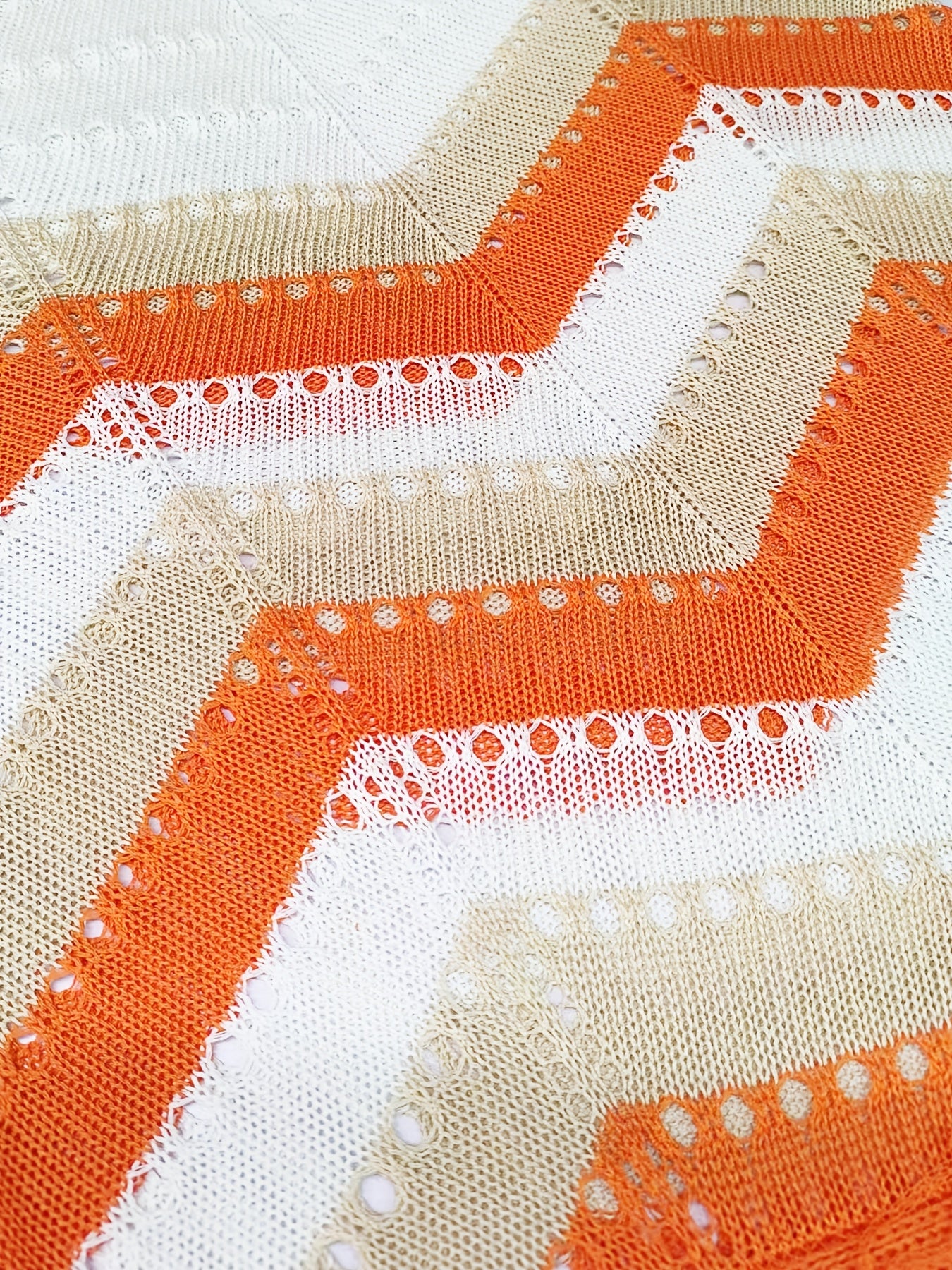 Women's Lightweight Knit Lace Beach Dress - V-Neck Geometric Pattern with Orange/Beige Stripes & Fringe Hem, Semi-Sheer X-Line Midi Dress for Spring Summer Fall, Casual to Evening Wear