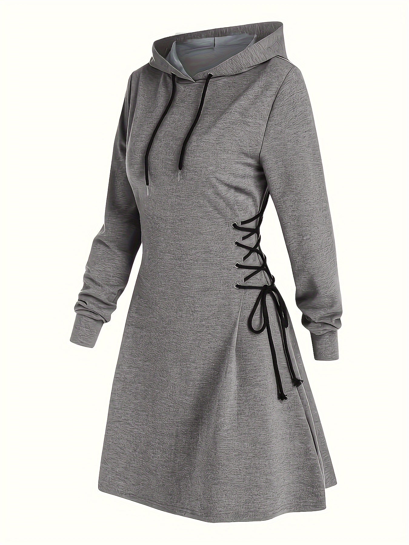 Elegant Hooded Sweatshirt Dress with Drawstring and Knee-Length Skirt - Polyester Knit Fabric, Long Sleeve, Spring/Fall Adult Fashion Dress