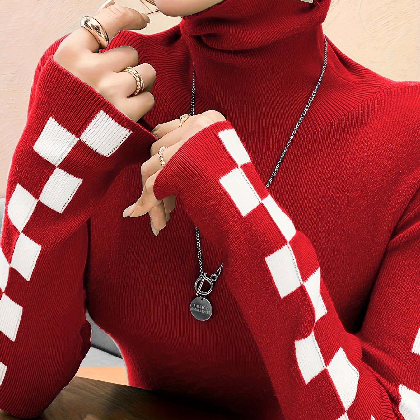 Elegant Red & White Checkered Turtleneck Sweater for Women - Slim Fit, Casual Knit Pullover with Contrasting Trim, Perfect for Fall/Winter
