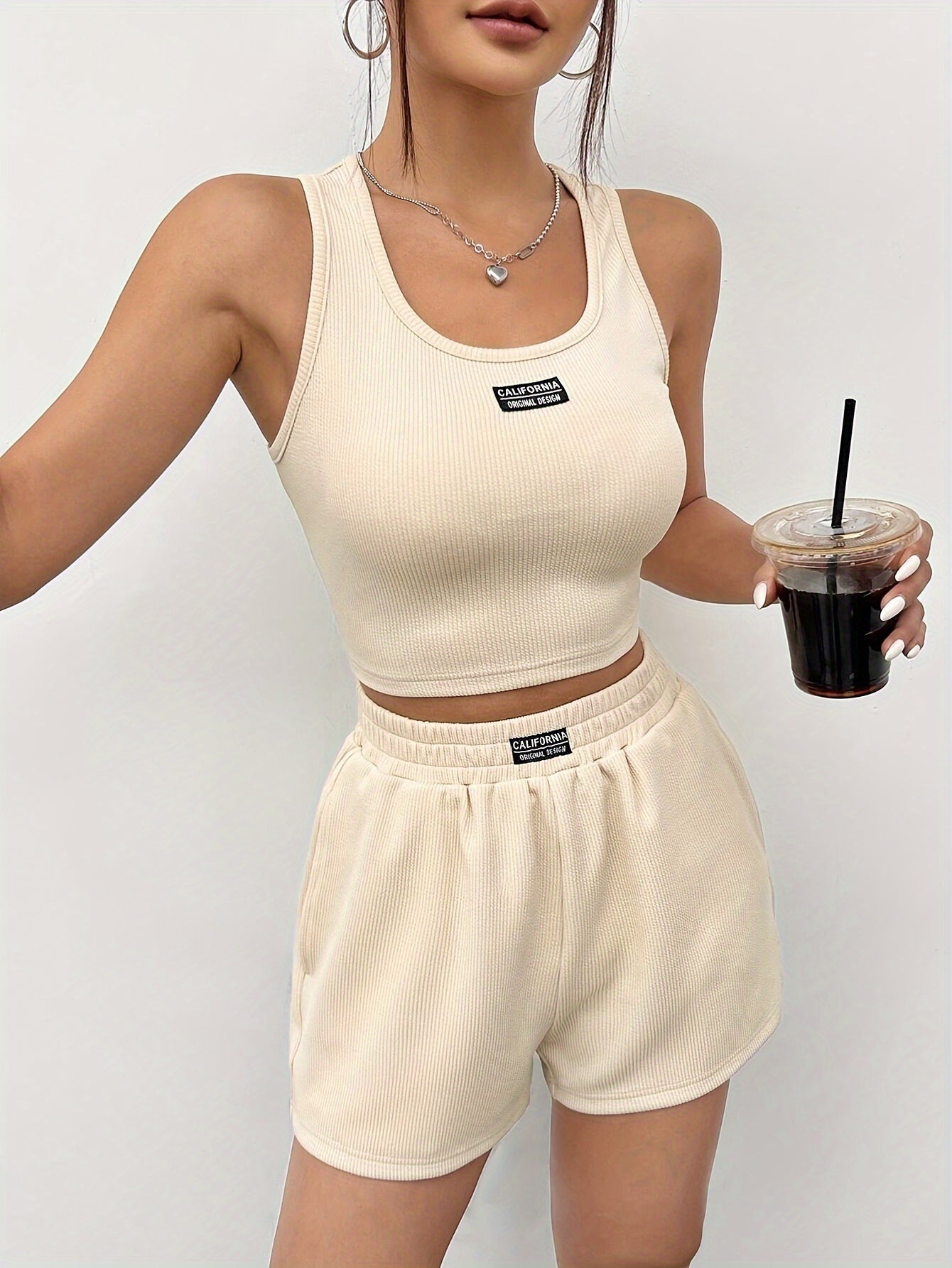 Patched Detail Casual Shorts Set, Square Neck Tank Top & Elastic Waist Shorts Outfits, Women's Clothing