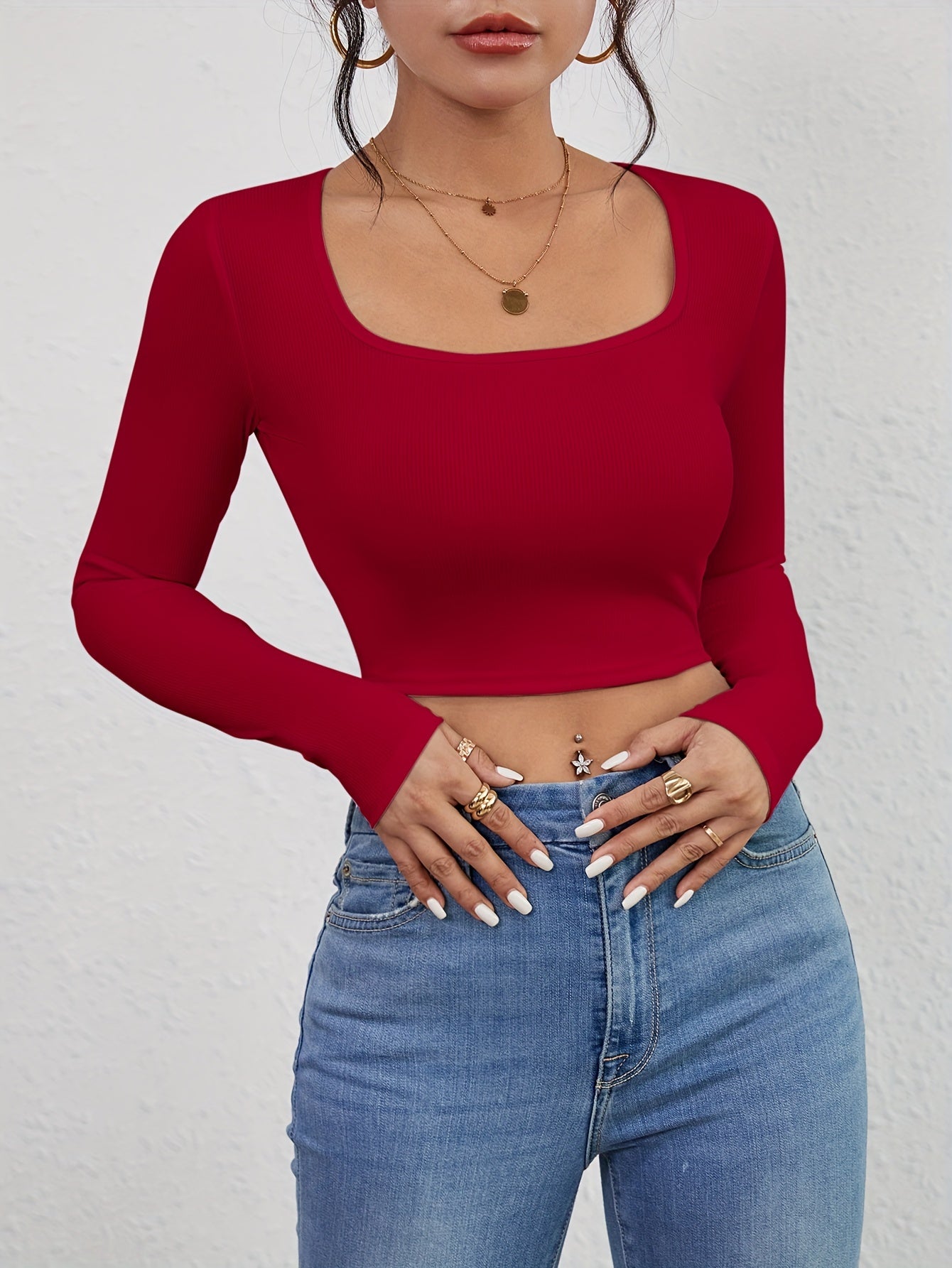 Squared Neck Cropped T-shirt, Casual Long Sleeve Solid T-shirt, Women's Clothing