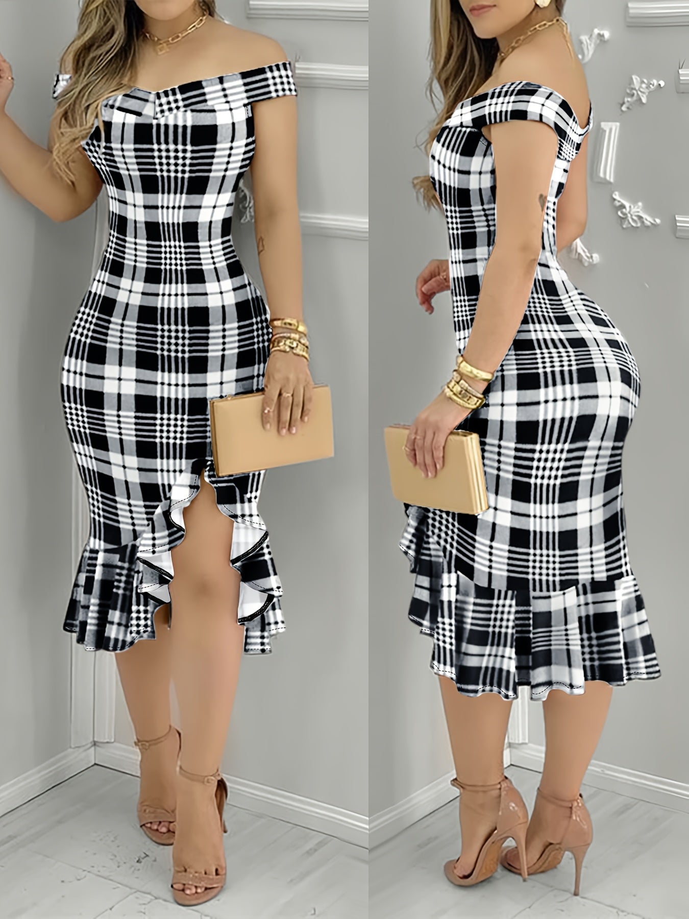 [Ruffle Detail Print Dress] Timeless Black & White Print Dress - Chic Ruffle Detail, Polyester & Spandex Blend, Machine Washable - Split Hem