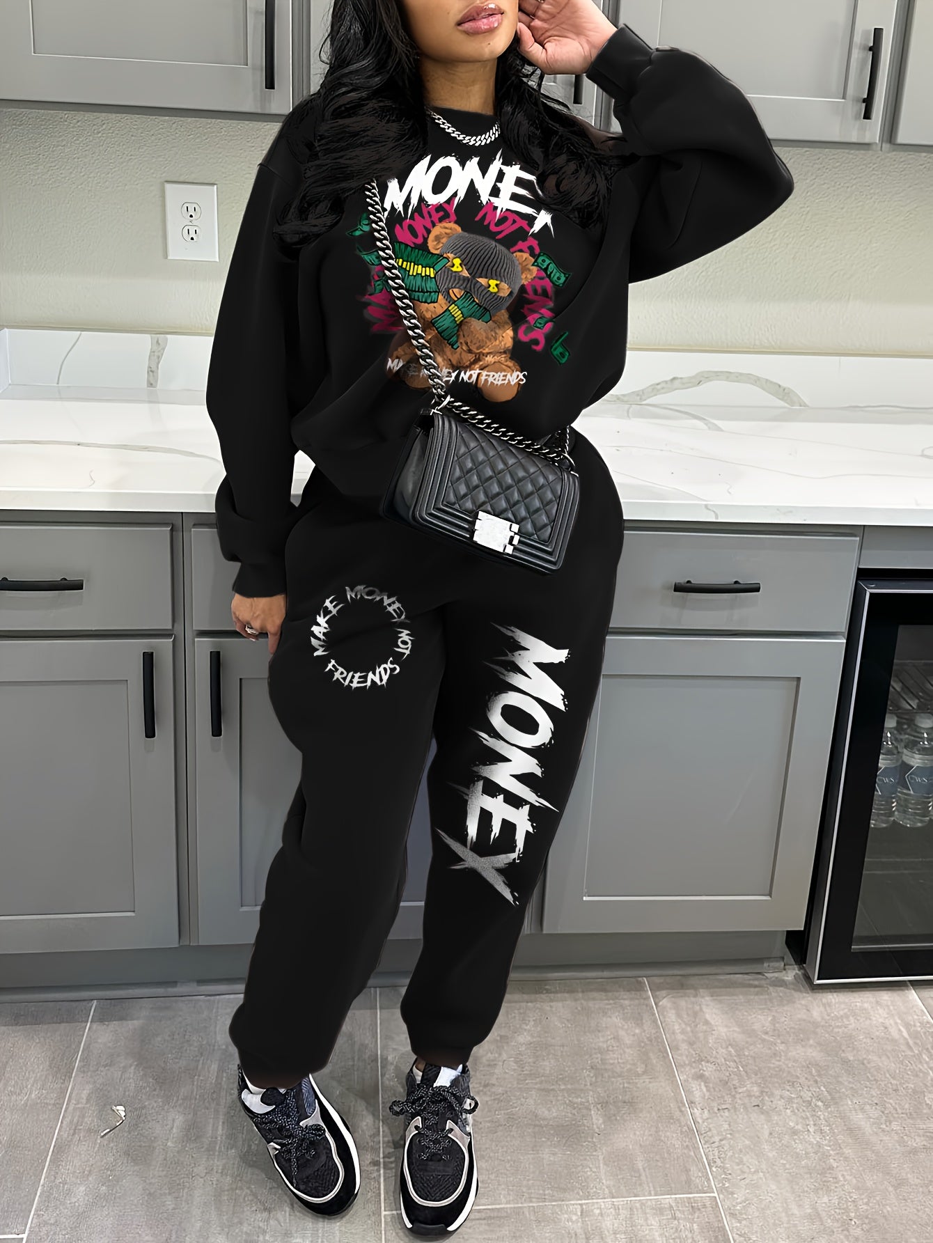 Women'S Casual Polyester Tracksuit, Crew Neck Knit Fabric Alphabet Pattern Loungewear, with Sweatshirt and Pants Set