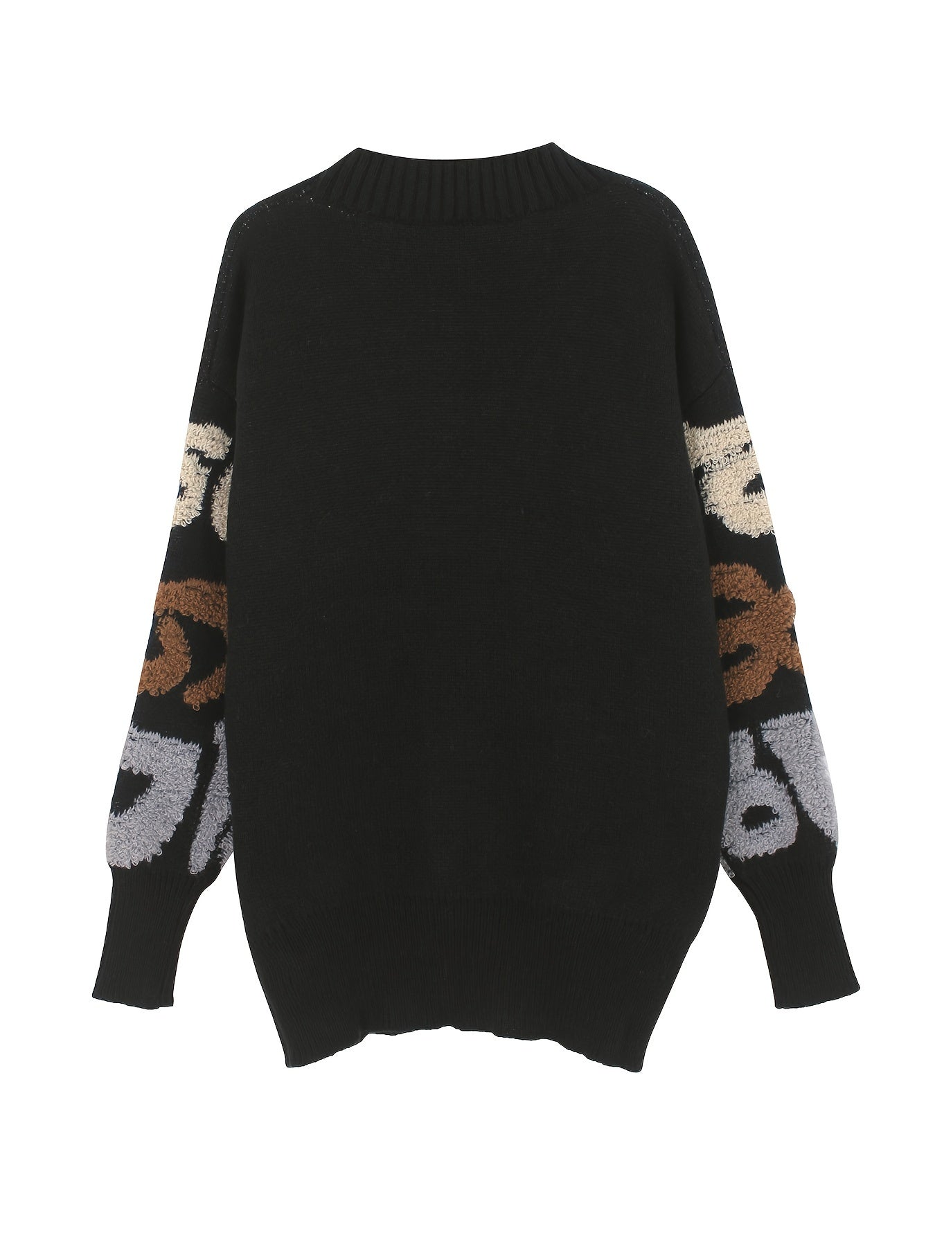 Letter Pattern Button Down Knit Cardigan, Casual Long Sleeve Loose Sweater Outwear, Women's Clothing