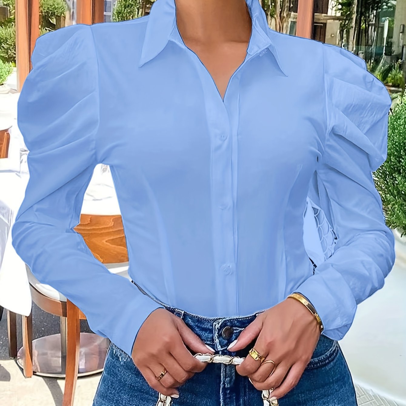 Elegant Slim-Fit Puff Sleeve Shirt | Versatile Year-round Style, Semi-Sheer Woven Fabric, Single-Button Closure - Women's Fashion