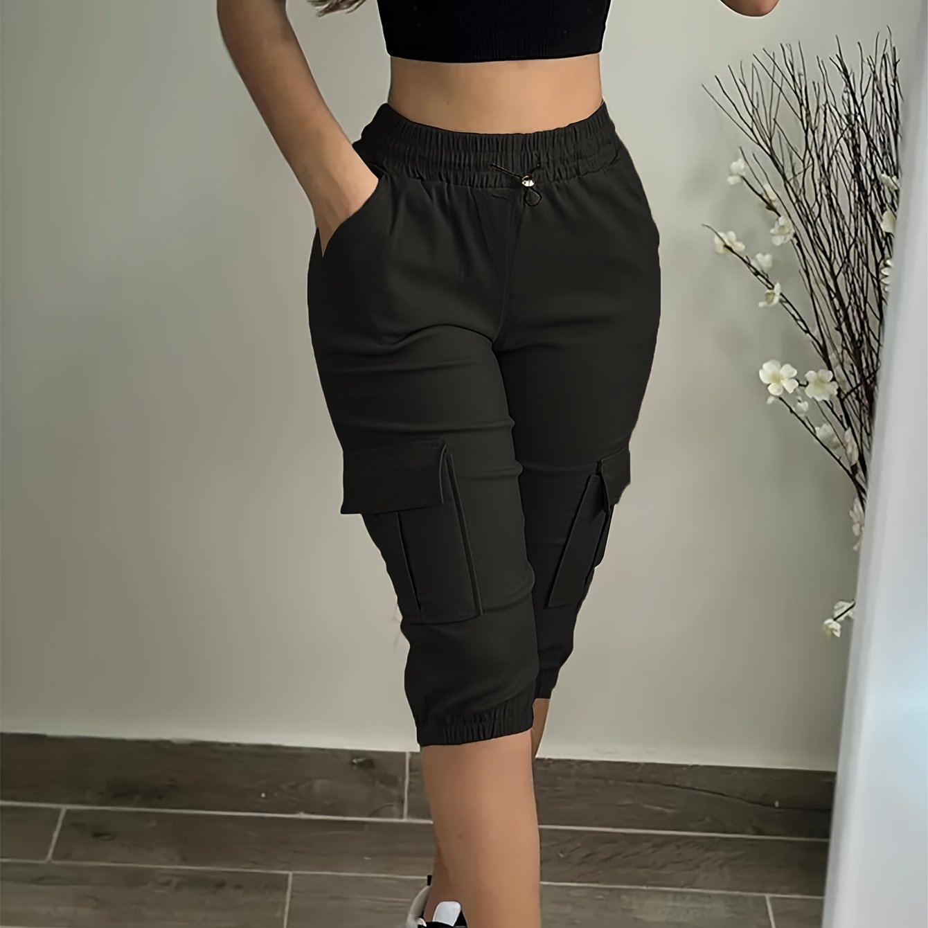 Flap Pockets Cargo Pants, Casual High Waist Cropped Pants For Spring & Summer, Women's Clothing