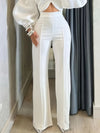 Women's Elegant High-Waisted Flare Pants - Stretchy Straight Leg, Solid White, Casual to Office Wear, Machine Washable, Spring/Summer Collection, Cute Pants