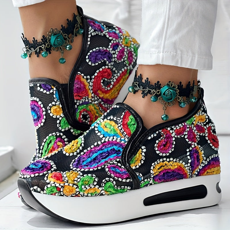 Abstract Print Side Lace-up Casual Wedge Sneakers - Without Anklet