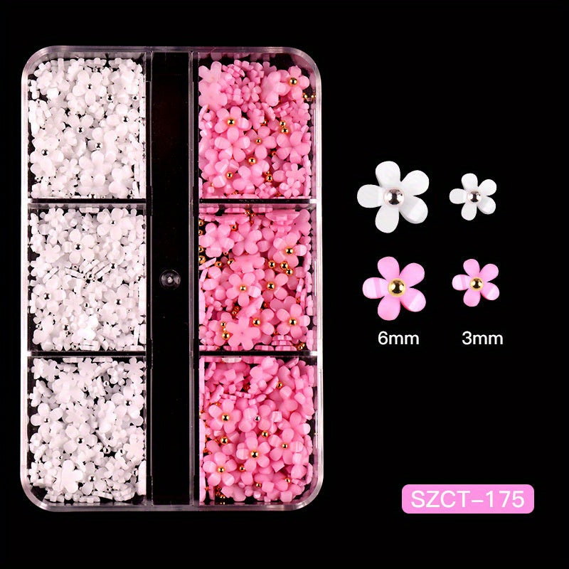 3D Flower Nail Charms, 4 Boxes 3D Acrylic Flower Nail Art Rhinestones White Pink Mixed Cherry Blossom Spring Gems Acrylic Nail Supplies with Pearls Manicure DIY Nail Decorations