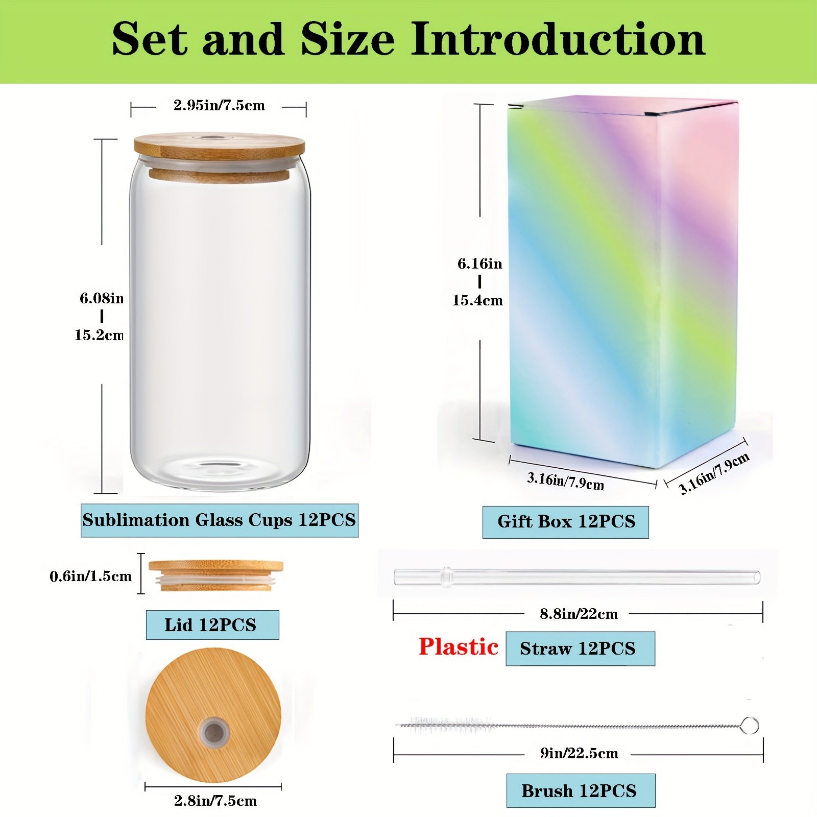12pack 12-Piece Clear Glass Cups with Bamboo Lids, Straws, Brushes, and Gift Box