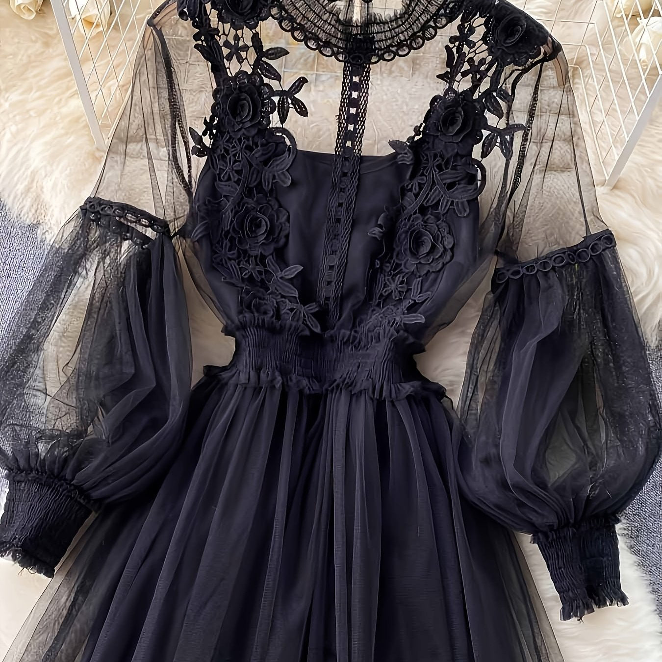 Plus Size Dresses Women'S Fashion Three-dimensional Flower Collage Sheer Mesh Balloon Sleeve Slim Long Dress Light Luxury Design Sense Women'S Chiffon Lace Shirt Suspender Base Shirt, Luxury Gift For Women