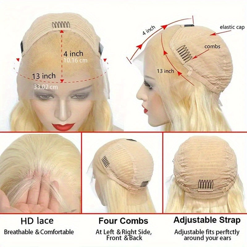 Elegant 13x4 HD Lace Front Straight Human Hair, 200% Density, Glue-Free, Long Blonde Hair Extensions for Women, Perfect for Stylish Everyday Looks, Everyday Hair Extensions | Stylish Blonde Wig | Natural Texture Wig, Hair Wig